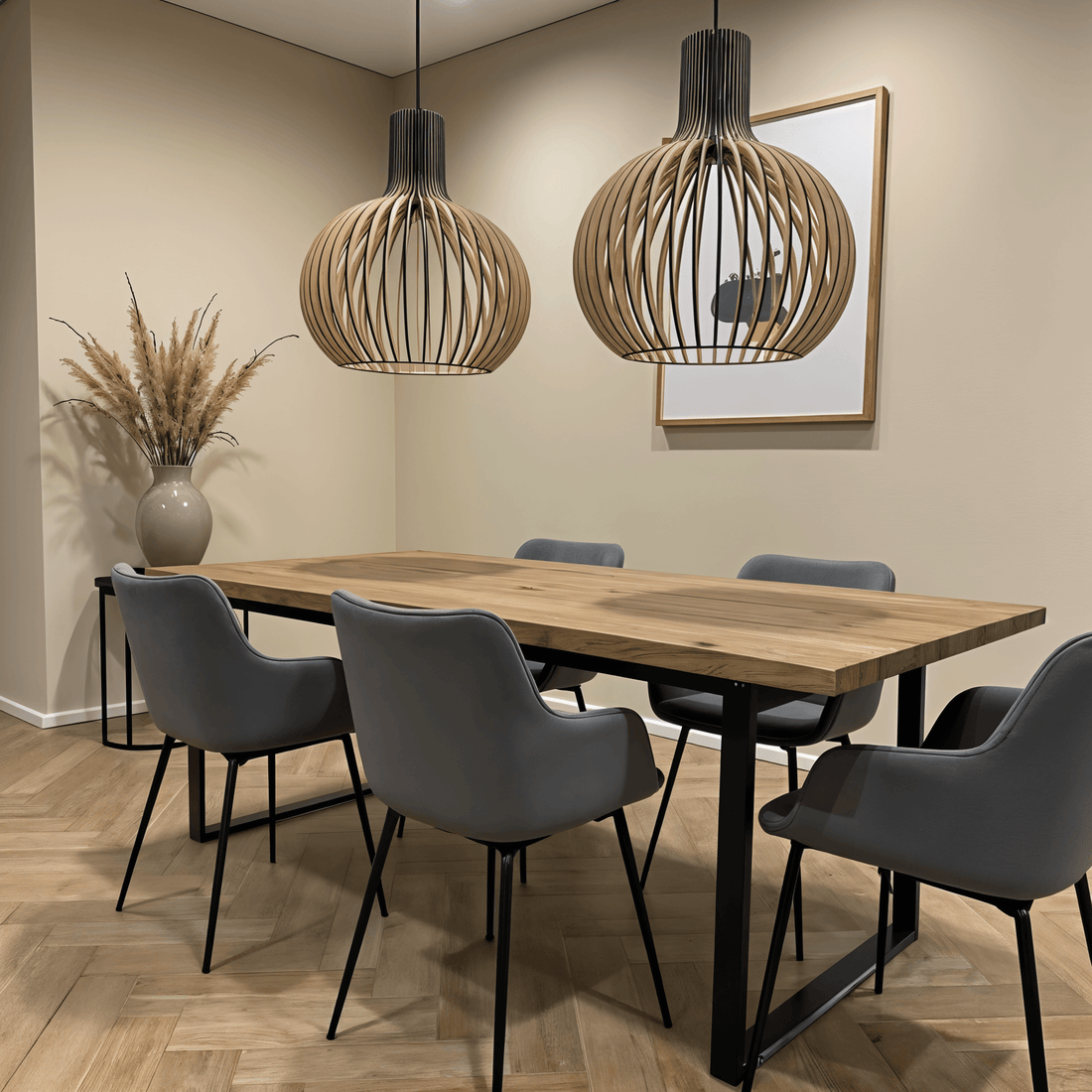 Holz Pendelleuchte Skandinavisch – Runde Hängelampe 35/45/55 cm-Ceiling Lamps-Lumensis-Ø 35cm-Außen schwarz | innen Holz-Lumensis