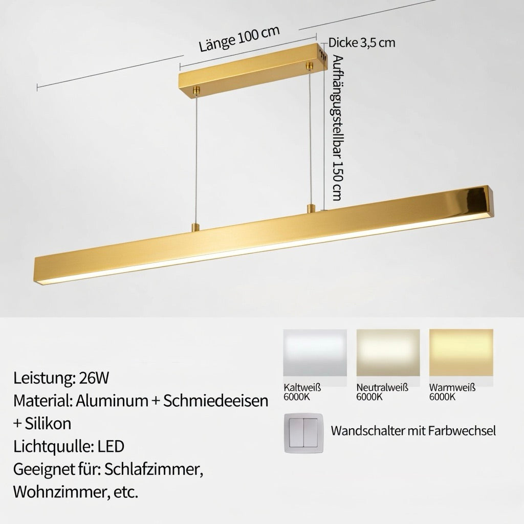 Lineare LED Pendelleuchte – Minimalistische Hängelampe für den Esstisch-Lumensis-Gold | 3 Lichtfarben (ohne Fernbedienung)-Lumensis
