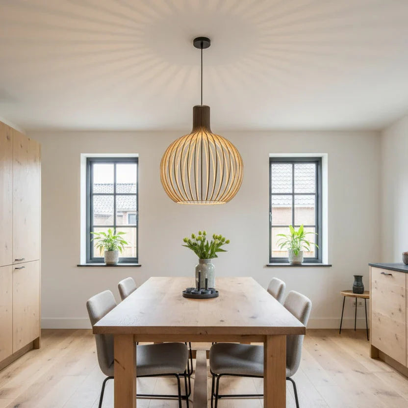 Holz Pendelleuchte Skandinavisch – Runde Hängelampe 35/45/55 cm-Ceiling Lamps-Lumensis-Ø 35cm-Außen schwarz | innen Holz-Lumensis