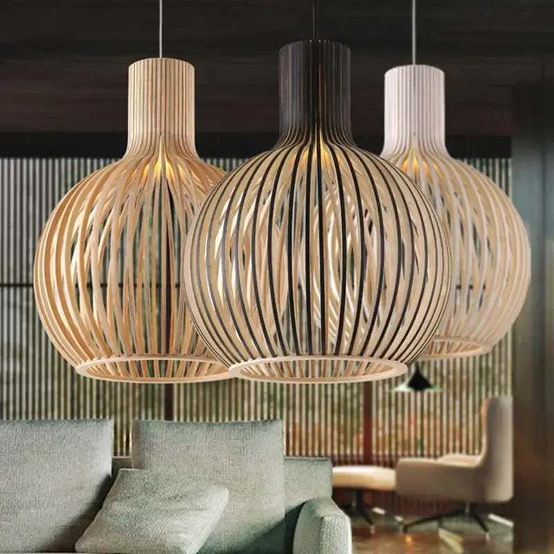 Holz Pendelleuchte Skandinavisch – Runde Hängelampe 35/45/55 cm-Ceiling Lamps-Lumensis-Ø 35cm-Außen schwarz | innen Holz-Lumensis