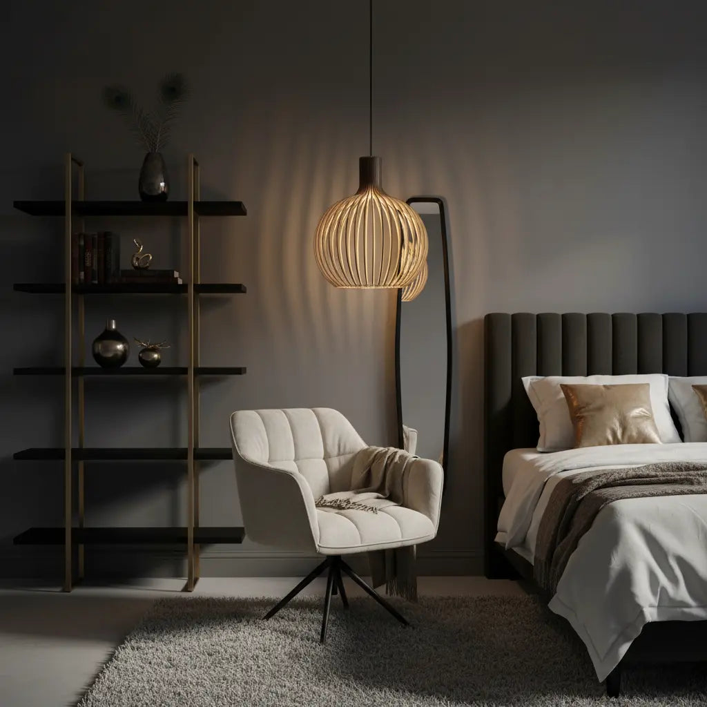 Holz Pendelleuchte Skandinavisch – Runde Hängelampe 35/45/55 cm-Ceiling Lamps-Lumensis-Ø 35cm-Außen schwarz | innen Holz-Lumensis