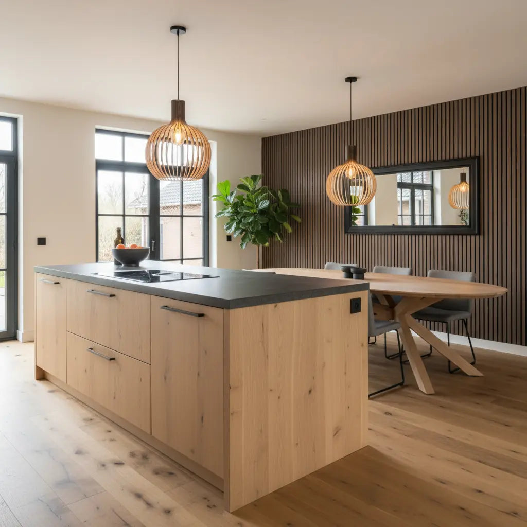 Holz Pendelleuchte Skandinavisch – Runde Hängelampe 35/45/55 cm-Ceiling Lamps-Lumensis-Ø 35cm-Außen schwarz | innen Holz-Lumensis