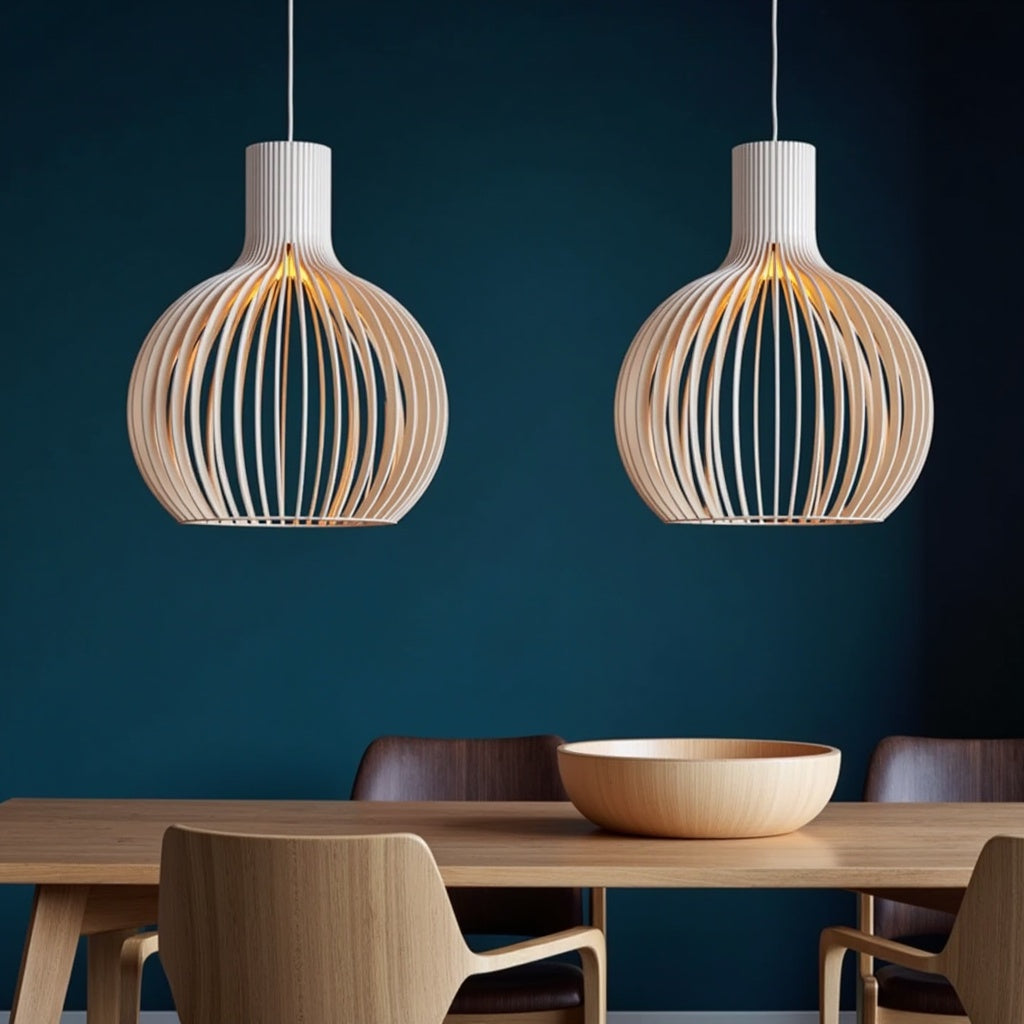 Holz Pendelleuchte Skandinavisch – Runde Hängelampe 35/45/55 cm-Ceiling Lamps-Lumensis-Ø 35cm-Außen schwarz | innen Holz-Lumensis