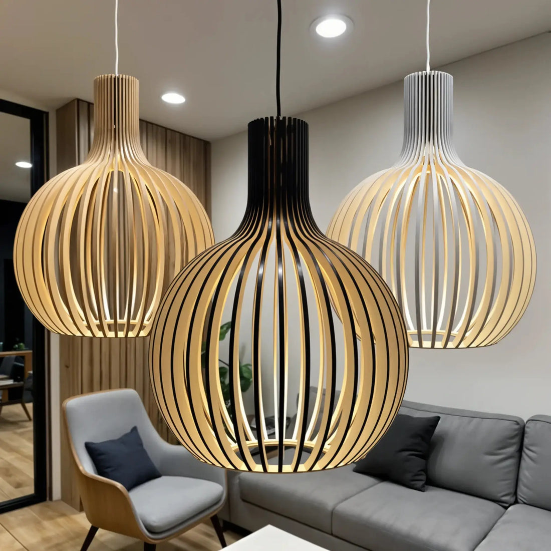 Holz Pendelleuchte Skandinavisch – Runde Hängelampe 35/45/55 cm-Ceiling Lamps-Lumensis-Ø 35cm-Außen schwarz | innen Holz-Lumensis