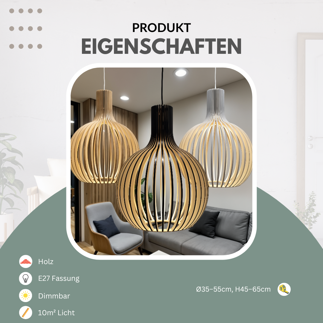 Holz Pendelleuchte Skandinavisch – Runde Hängelampe 35/45/55 cm-Ceiling Lamps-Lumensis-Ø 35cm-Außen schwarz | innen Holz-Lumensis