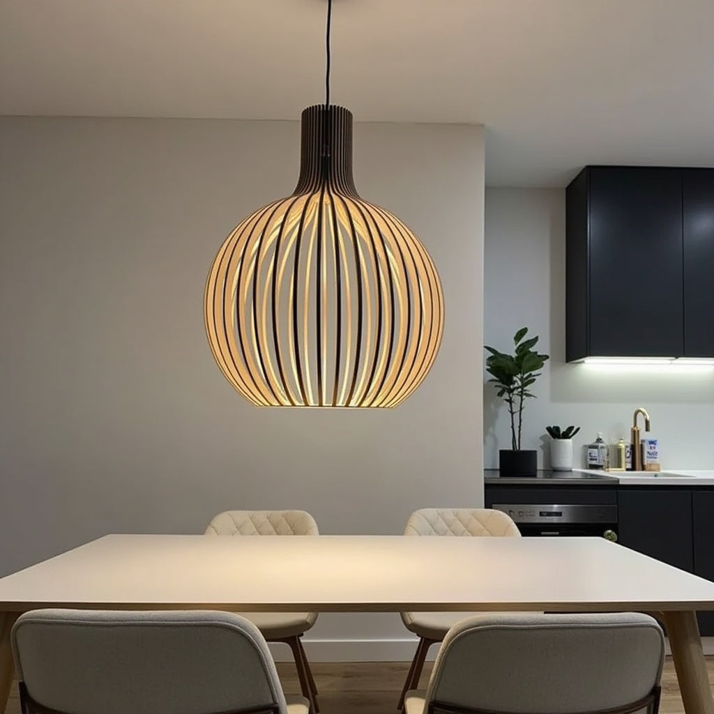 Holz Pendelleuchte Skandinavisch – Runde Hängelampe 35/45/55 cm-Ceiling Lamps-Lumensis-Ø 45cm-Außen schwarz | innen Holz-Lumensis
